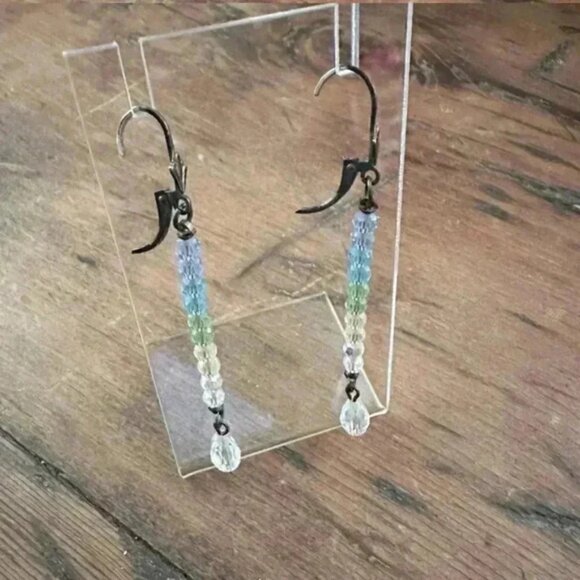 Blue, Green, White Long Drop Crystal Earrnings - Picture 3 of 5